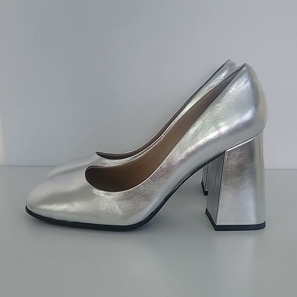 Silver womans high heel chunky heel square toe pumps party dress - Picture 4 of 8